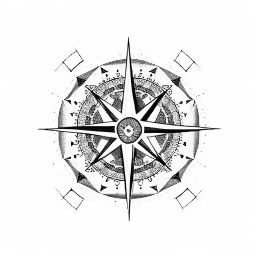 A dotwork design of a compass rose with Islamic geometric patterns, representing the client's love for travelling and Islam tattoo design idea
