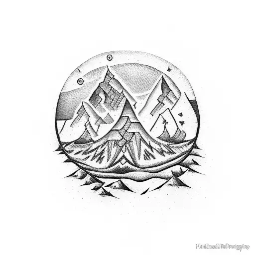 A dotwork tattoo of a Kurdish landscape with symbols of wealth and luck incorporated, representing the client's favorite things and lifestyle tattoo design idea