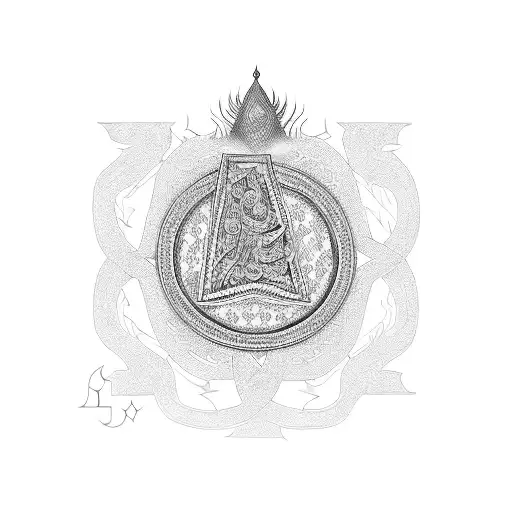 A blackwork tattoo of a traditional Kurdish symbol intertwined with elements of money and gambling, reflecting the client's passion for Kurdistan and living the fast life tattoo design idea