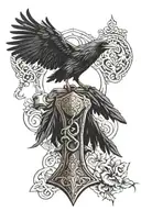 raven slavic symbolism sits on thor's hammer tattoo design idea