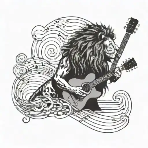 A lion playing a guitar with a heart-shaped music note as the sound waves, symbolizing the client's love for music and family tattoo design idea