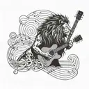 A lion playing a guitar with a heart-shaped music note as the sound waves, symbolizing the client's love for music and family tattoo design idea