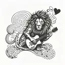 A lion playing a guitar with a heart-shaped music note as the sound waves, symbolizing the client's love for music and family tattoo design idea