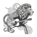 A lion playing a guitar with a heart-shaped music note as the sound waves, symbolizing the client's love for music and family tattoo design idea