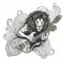 A lion playing a guitar with a heart-shaped music note as the sound waves, symbolizing the client's love for music and family tattoo design idea