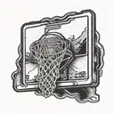 A basketball hoop with a halo above it, symbolizing basketball as a savior tattoo design idea