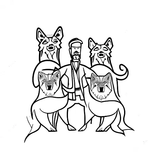 man leading a pack of wolves tattoo design idea