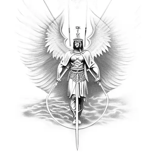 A tattoo design combining the imagery of the archangel Michael with elements of Celtic and Roman mythology, such as a sword and a laurel crown tattoo design idea