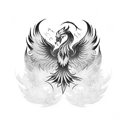 black and white arm tattoo of a phoenix, on the lower part of the arm is wind with floating leaves tattoo design idea