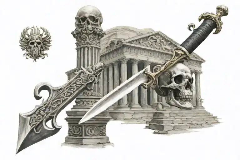 roman temple skul sword tattoo design idea