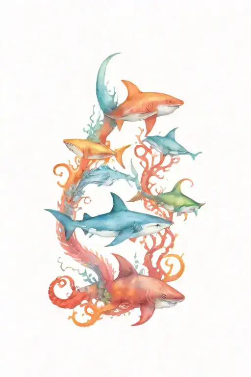 shark and octopus gracefully swimming tattoo design idea