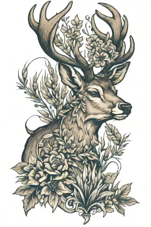 create an bavarian tattoo of a strong male deer with wheat and other bavarian elements for a guy in neo tradtional colou tattoo design idea