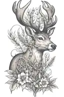 create an bavarian tattoo of a strong male deer with wheat and other bavarian elements for a guy in neo tradtional colou tattoo design idea