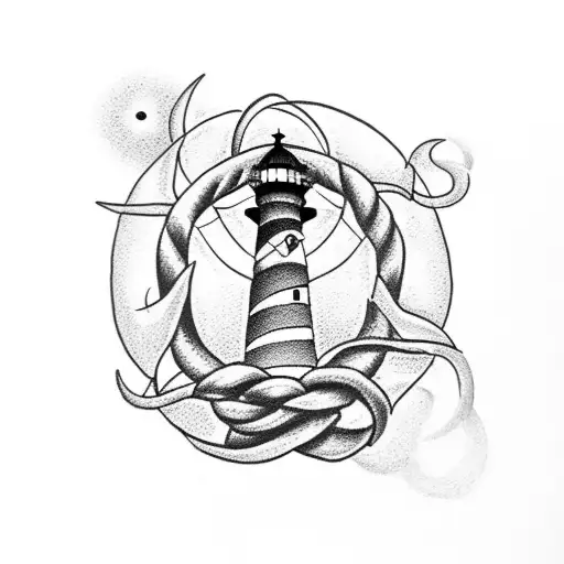 lighthouse framed with a sailors knot, couples tattoo symbolizing love tattoo design idea