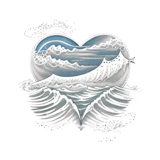 beach walking path leading to heart-shaped island, framed with a sailor's knoto intertwined with waves tattoo design idea