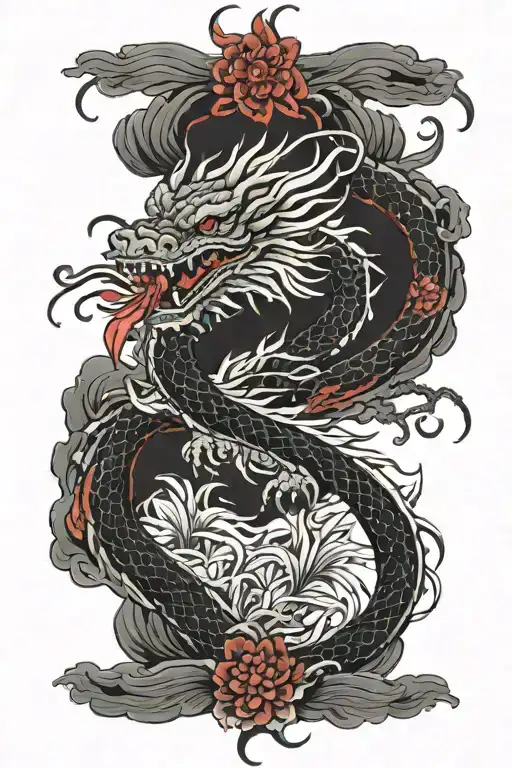 black and white Japanease dragon with red spider lily tattoo design idea