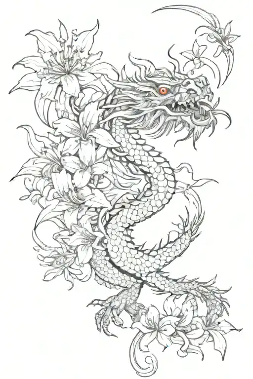 black and white Japanese dragon with spider lily flower tattoo design idea