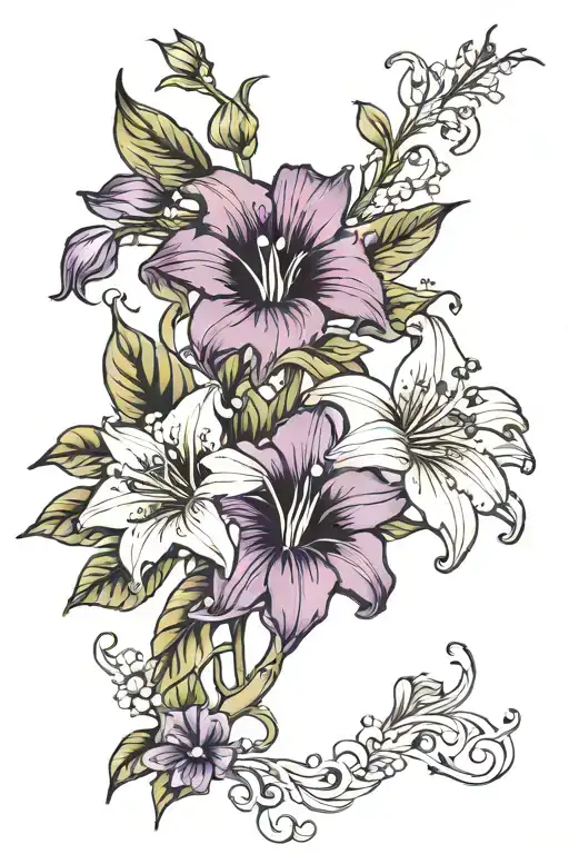 morning glory, violet, lily of the valley fine line tattoo tattoo design idea