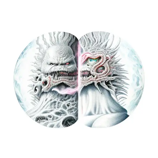 An otherworldly landscape with Guts and Griffith from Berserk facing off in a cosmic battle tattoo design idea