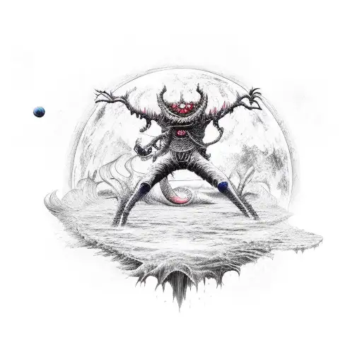 An otherworldly landscape with Guts and Griffith from Berserk facing off in a cosmic battle tattoo design idea