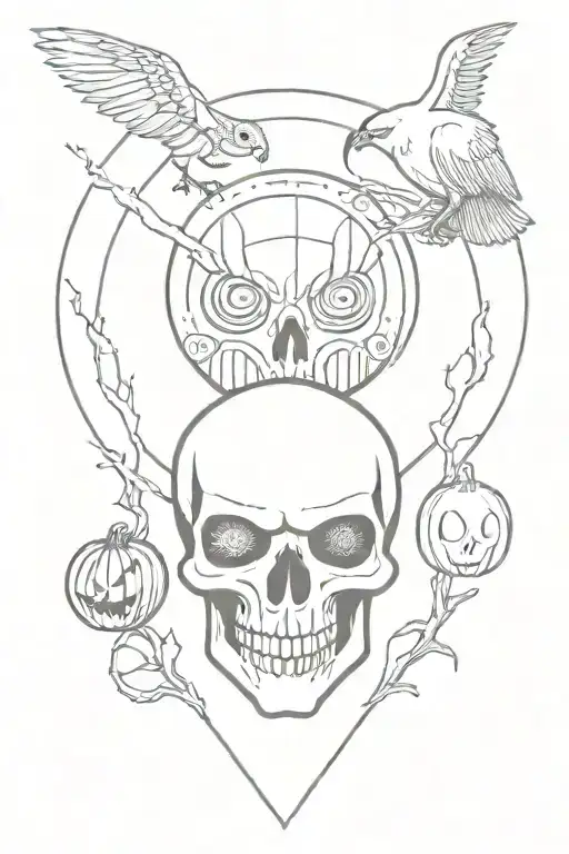 Halloween / death sleeve jack o lantern skull, owl, ghost, occult, eye of horus, skeleton and ghost tattoo design idea
