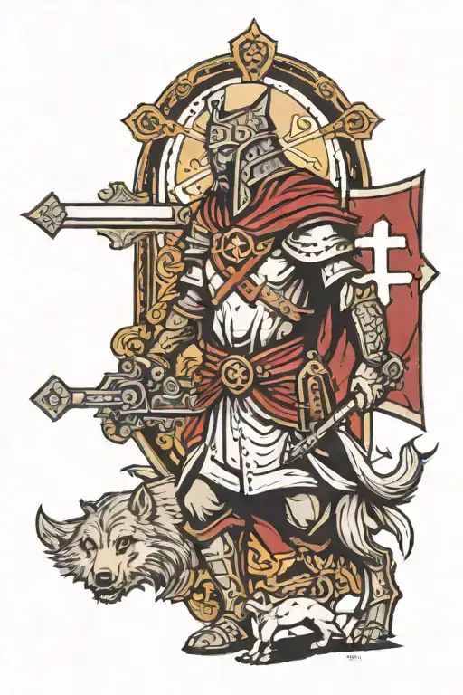 crusader walking with wolf and cross surrounded tattoo design idea
