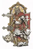 crusader walking with wolf and cross surrounded tattoo design idea