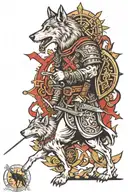 crusader walking with wolf and cross surrounded tattoo design idea