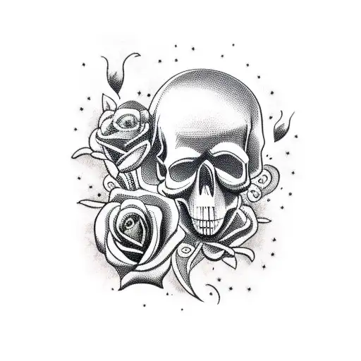 Skull with hearts roses and clouds tattoo design idea