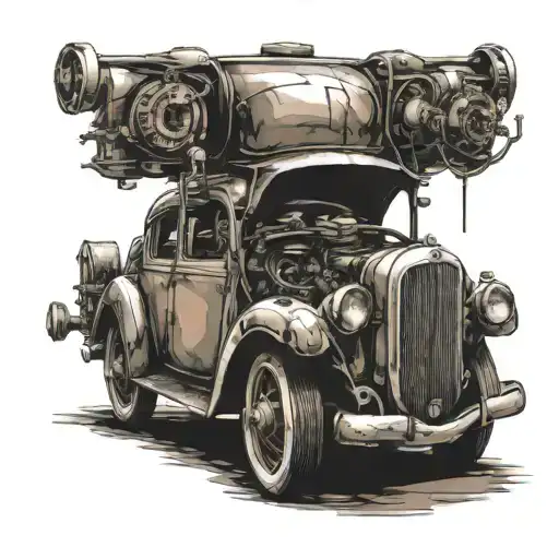 Design a tattoo of a vintage car being welded together by robotic arms tattoo design idea