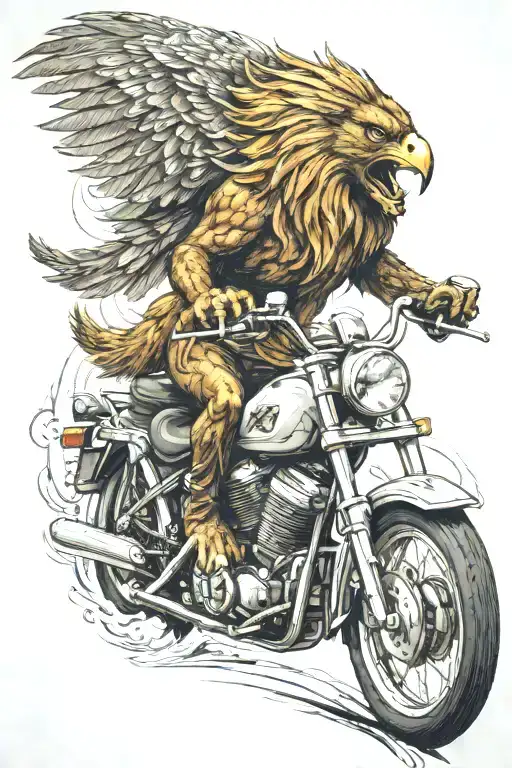 highly a lions head on a persons body riding a motorcycle around a corner front on  with wedged tailed eagle in the sky  tattoo design idea