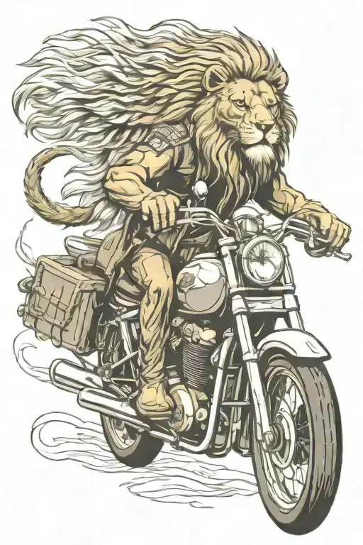 highly detailed lions head riding a motorcycle around a corner front on  with wedged tailed eagle in the sky  tattoo design idea
