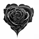 a heart shaped rose with cross in the middle tattoo design idea