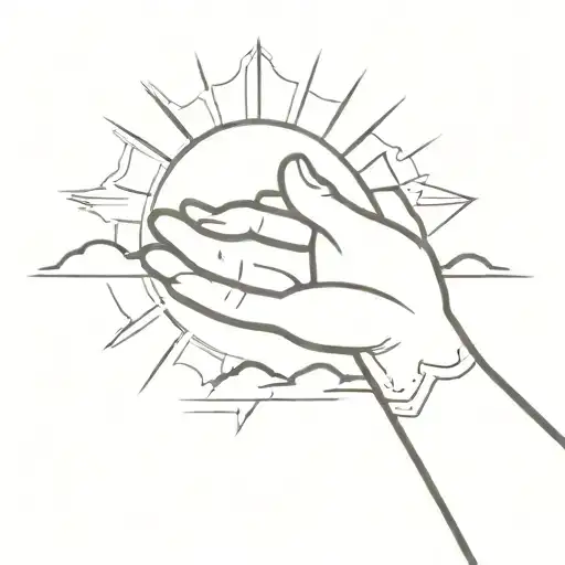 paw of dog against man hand, with montains sun tattoo design idea