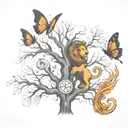 tree, lion, butterfly and phoenix rising from the ashes tattoo design idea
