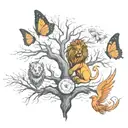 tree, lion, butterfly and phoenix rising from the ashes tattoo design idea