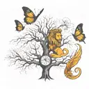 tree, lion, butterfly and phoenix rising from the ashes tattoo design idea