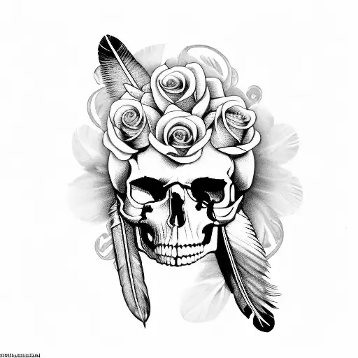 indian feathers with skulls,roses on right side of skull,feathers on left side of skull, dreamcather in background tattoo design idea