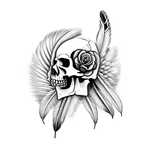 Native Americans skull with feathers and roses tattoo design idea