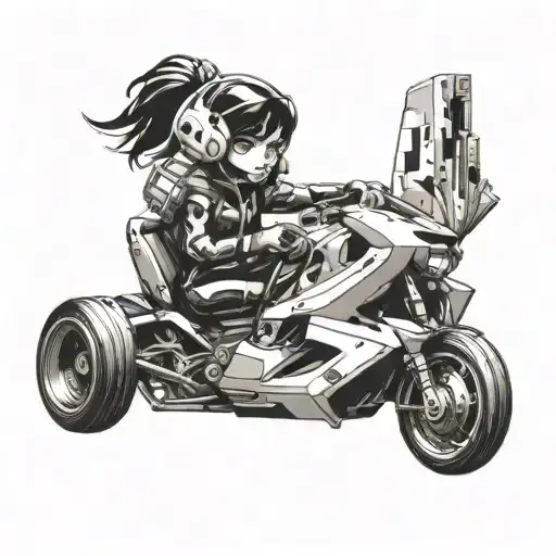 A futuristic cyberpunk version of Vanellope von Schweetz driving a sleek racecar tattoo design idea