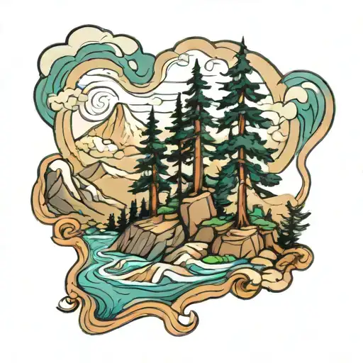 pine tree mountains river flowing tattoo design idea