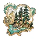 pine tree mountains river flowing tattoo design idea