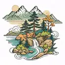 pine tree mountains river flowing tattoo design idea