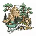 pine tree mountains river flowing tattoo design idea