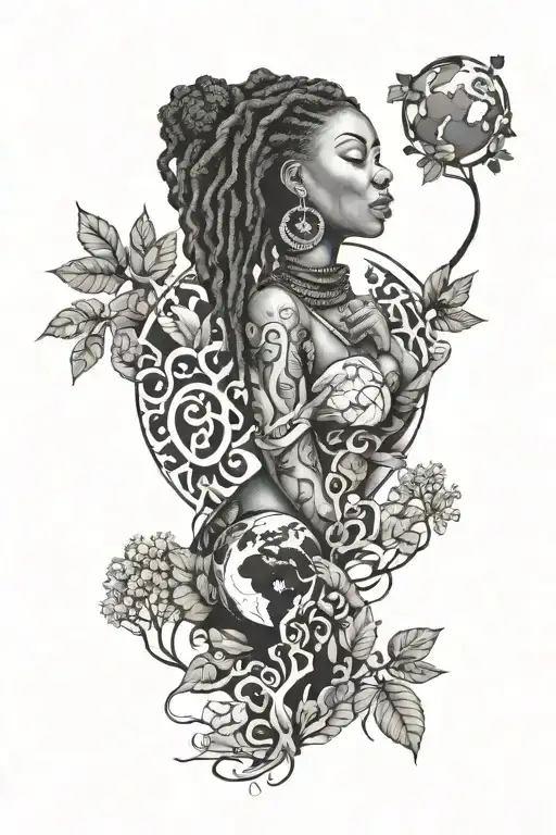 a afrocentric woman with locs holding the earth surrounded by nature elements like trees and leaves tattoo design idea