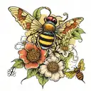 Soiderweb shoulder with spider hanging from it followed by a bee and honeycomb and a dragonfly and lily pads tattoo design idea