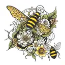 Soiderweb shoulder with spider hanging from it followed by a bee and honeycomb and a dragonfly and lily pads tattoo design idea