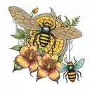 Soiderweb shoulder with spider hanging from it followed by a bee and honeycomb and a dragonfly and lily pads tattoo design idea