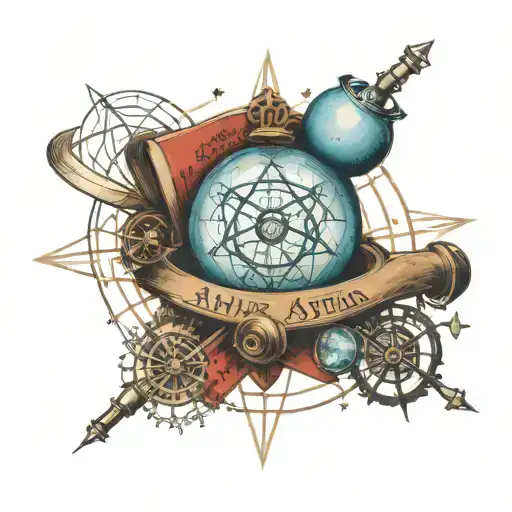 Atom structure with globe in middle with finland, an open book, compass rose, telescope, and text "per aspera ad astra"  tattoo design idea