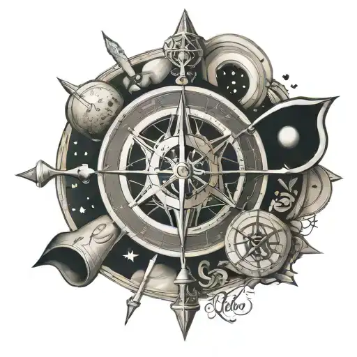Atom structure, open book, compass rose, telescope pointing at moon, text "Per aspera ad astra" tattoo design idea